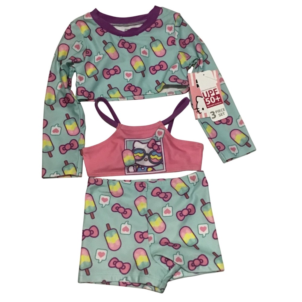 Hello Kitty Sanrio Girls 3 Piece Swimwear Set Rash Guard Bikini Shorts Aqua 2T